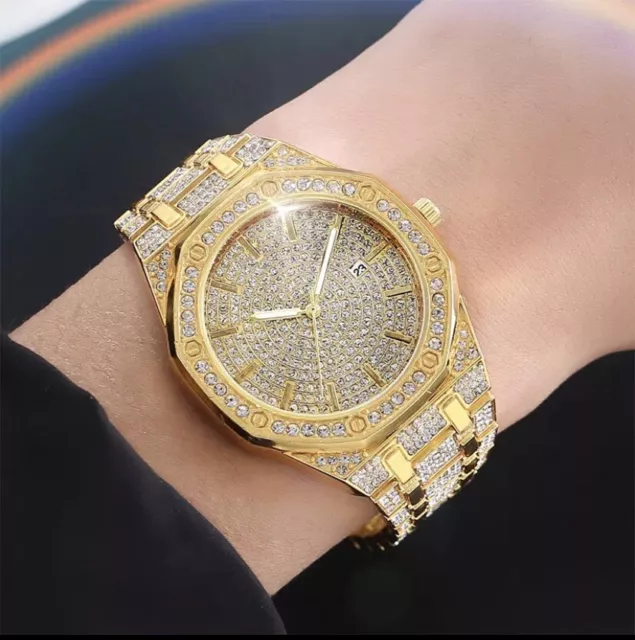 MENS DESIGNER BLING Watch Luxury Gold Silver Diamond Rhinestone