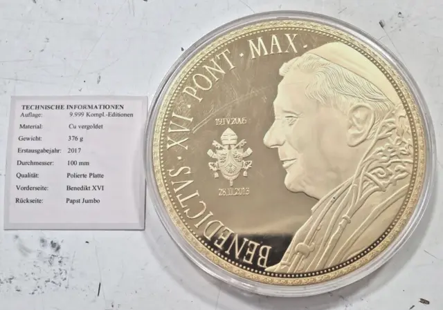 Medaille Papst Benedikt XVI 2017-mit Kapsel + Zertifikat-Durchmesser 100mm