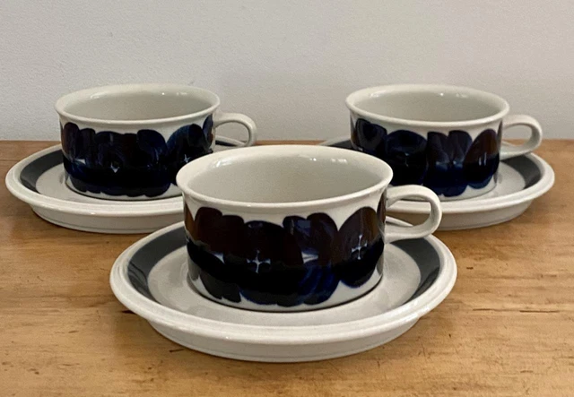 3 ARABIA FINLAND Ulla Procope Blue Anemone Flat Cup & Saucer Sets