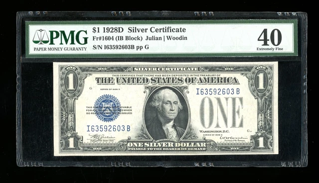 DBR Scarce 1928-D $1 Silver Fr. 1604 IB Block PMG XF-40 Serial I63592603B