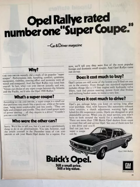 Print Ad Buick Opel Rallye Super Coupe 1972 13in x 10 in