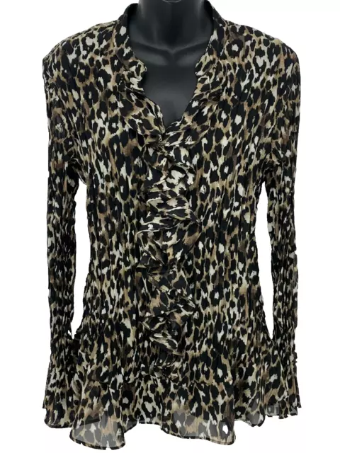 Style Co Women Blouse Top Size 14 Leopard Print Long Sleeve Ruffle Sheer Chiffon