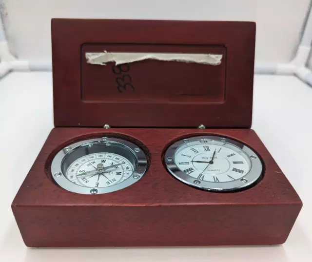 Bey-Berk International Desk Compass & Clock in Mahogany Hinged Box READ