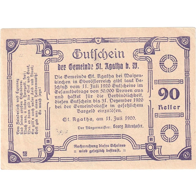 [#287966] Austria, St Agatha, 90 Heller, personnage 1920-12-31, UNC Mehl:FS 877I
