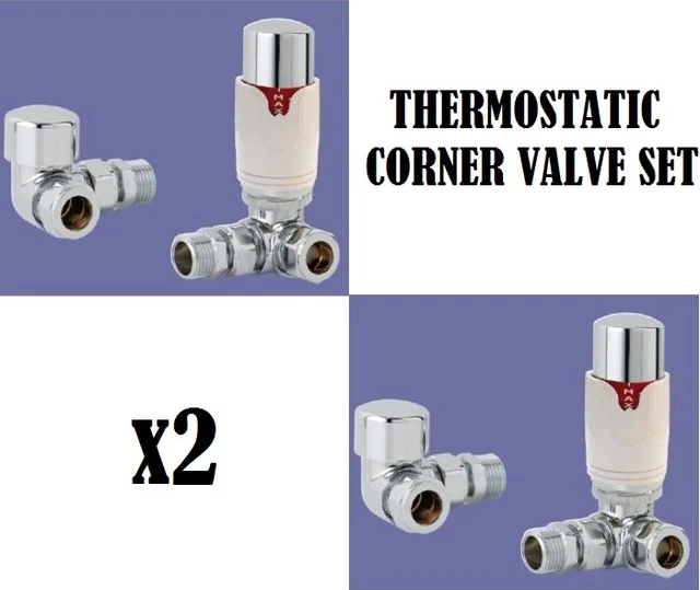 CORNER THERMOSTATIC TOWEL RAIL RADIATOR VALVE CHROME WHITE VALVES SET TSE x 2