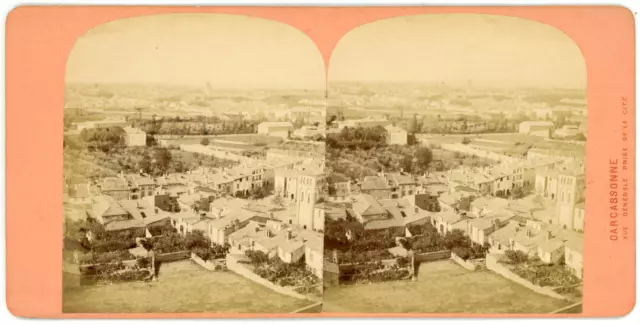 STEREO France, Carcassonne, Vue générale prise de la cité, circa 1870 Vintage st