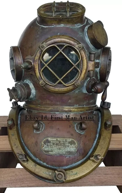 Ancien Casque De Plongée + Boussole Bureau En Laiton Et Cuivre - Style US Navy - Décor Vintage - Reproduction