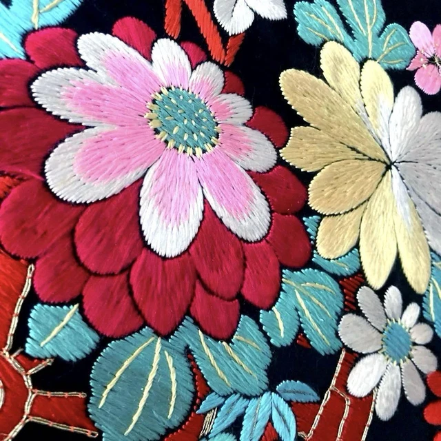 Japanese Obi Black Flower Silk Women 321cm Kimono Antique