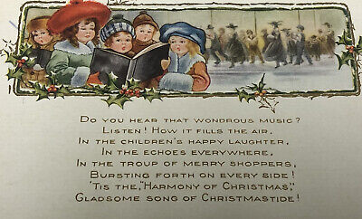 Vintage Victorian Postcard Christmas Colorful Children Singing Poem