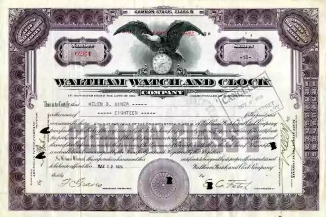 1924 Waltham Watch & Clock Stock Certificate