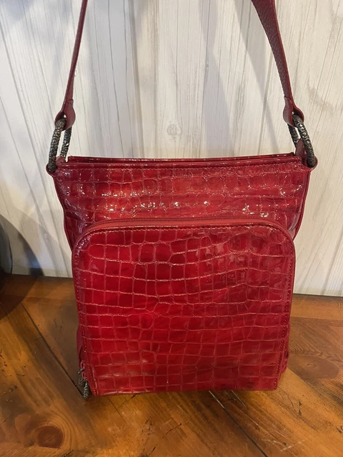 BRIGHTON Vintage 90's Red Shoulder Bag Purse Organizer pocket, Embossed Leathe