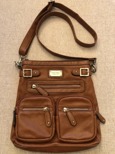 Nine West Small/Medium Tan/Brown Crossbody Bag, Faux Leather, Pockets, Zip