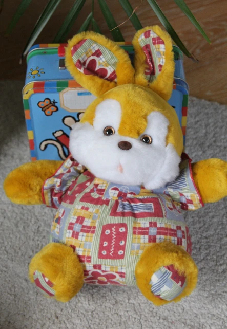 Doudou peluche NOUNOURS  LAPIN jaune moutarde rouge vert fleur boule 25 cm NEUF
