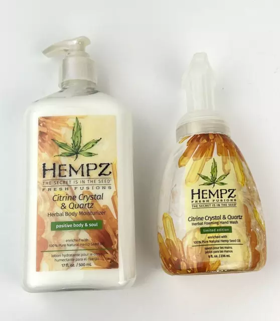 Lot 2 Hempz Citrine Crystal & Quartz Herbal Body Moisturizer 17 oz and Hand Wash