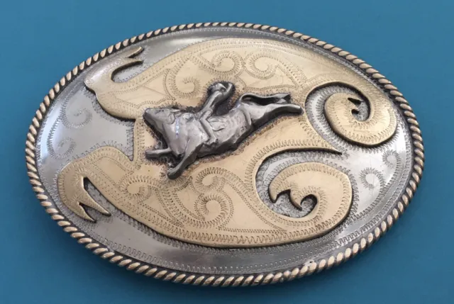 Awesome Old West Vintage Hand Made Signed Bull Riding Cowboy Trophy Belt Buckle
