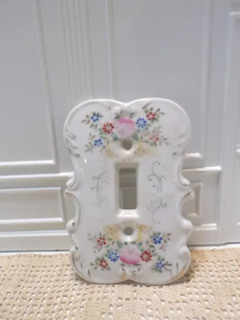 Vintage Porcelain Light Switch Cover Hand Painted Pink Roses Blue Flowers Gold