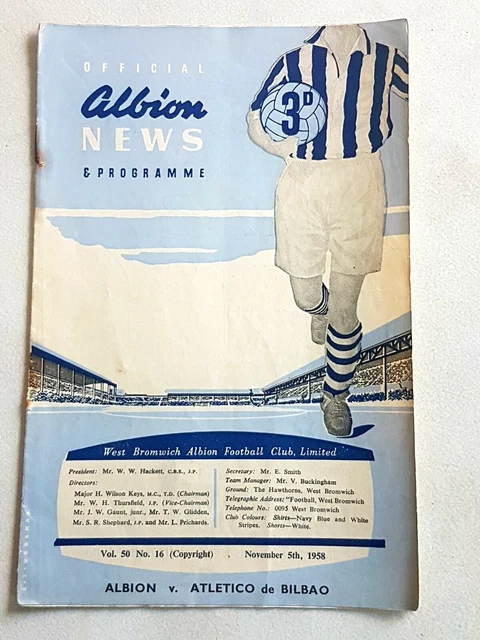 West Bromwich Albion v Atletico de  Bilbao 5th November 1958 Programme Friendly