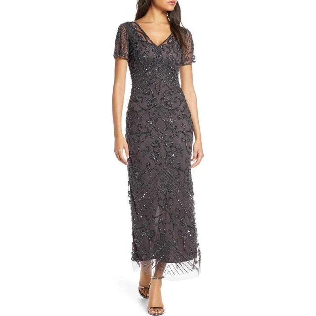 Pisarro Nights Beaded Mesh Column Gown Gray Women's Sz 10 NWOT