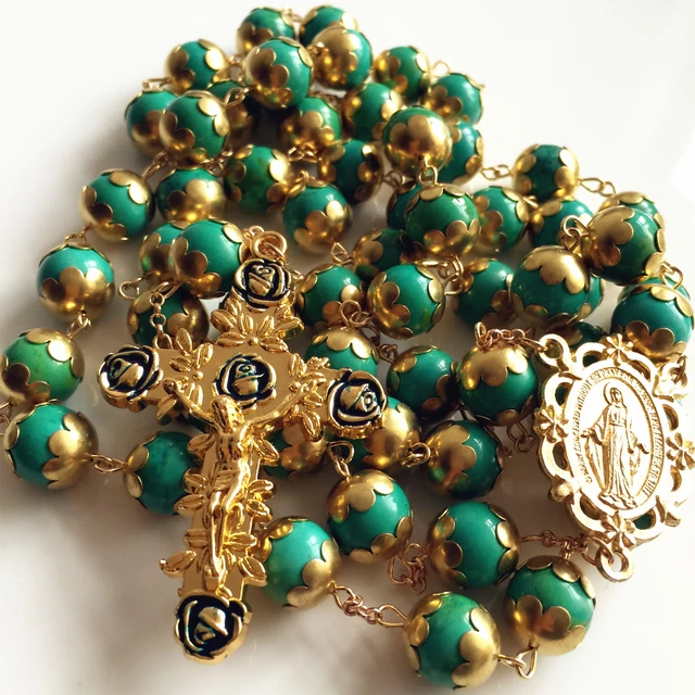 Gold XL 10MM Turquoise BEADS CATHOLIC AVE MARIA 5 DECADE ROSARY NECKLACE CROSS