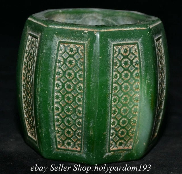 4.4" Old Chinese Green Jade Carved Dynasty Flower Jar Pot Crock Statue