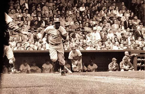 Brooklyn Dodgers Jackie Robinson in action, running bases vs New Y - Old Photo