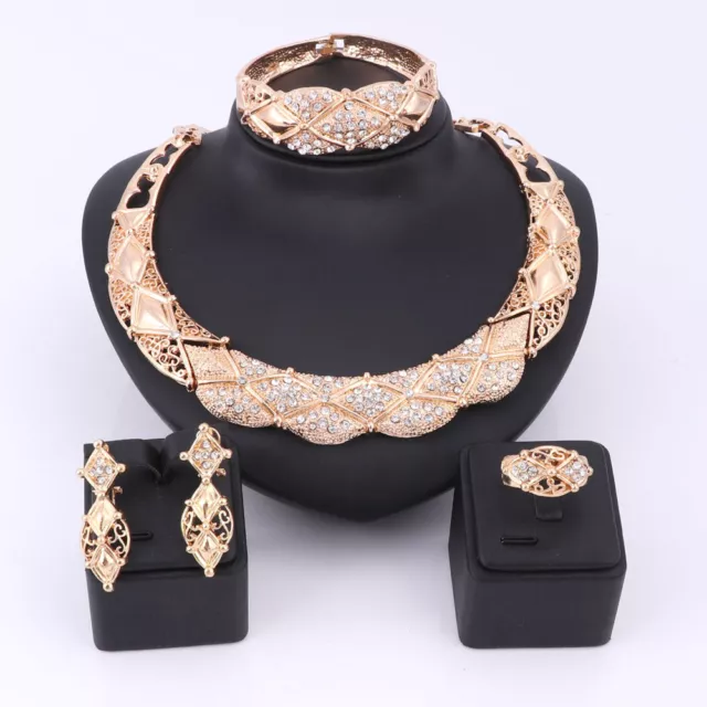 Women Gold Plated Crystal Africa Dubai Wedding Party Necklace Bangle Jewelry Set