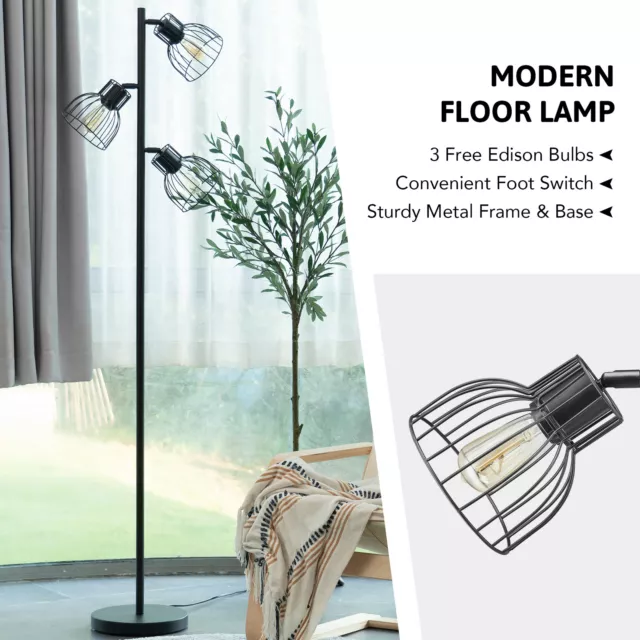 166cm Industrial Floor Lamp w Adjustable Metal Shades, 3 Bulbs Include, Black