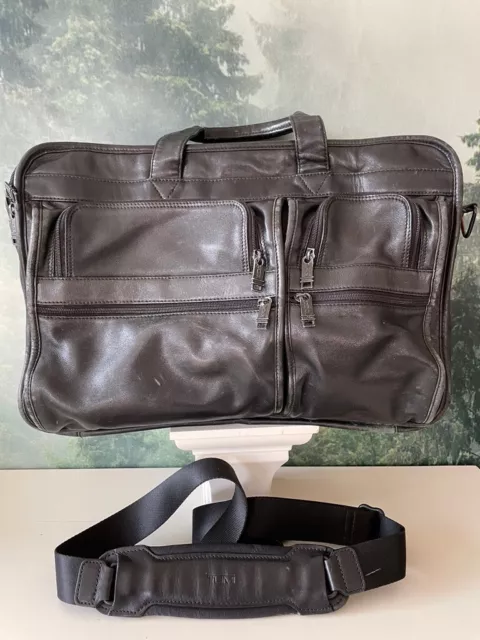 TUMI Alpha Black Napa Leather 17” Expandable Laptop Briefcase Bag #904D3 + Strap