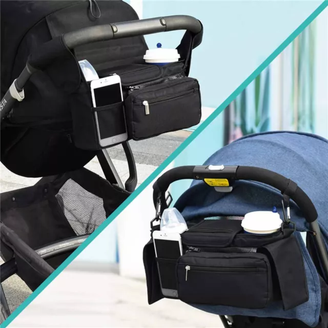 Pram Organiser Bag Universal Baby Stroller Insulated Large Storage 2 Cup Holders
