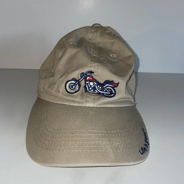 Life Is Good Hat Cap Mens Strap Back Gray Beige Biker Logo Motorcycle Biking
