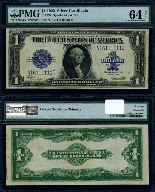 FR. 237 $1 1923 Silver Certificate N16111111D Binary Choice PMG CU64 NET - Subst