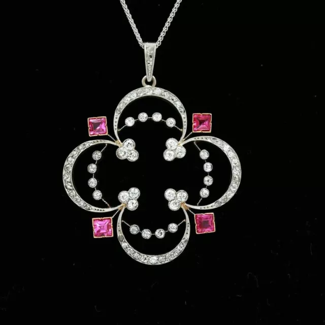 Art Deco Round Ruby & Lab Created Diamond Floral Wedding 925 Silver Gift Pendant