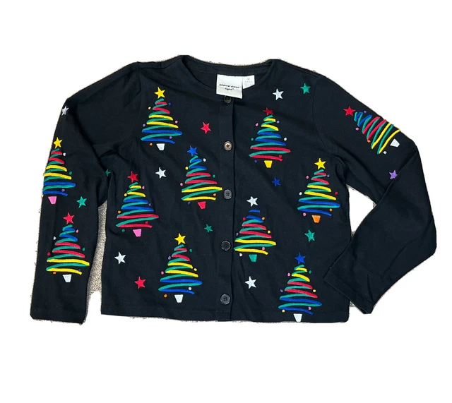 Michael Simon Vintage Christmas Ribbon Tree Star Embroidered Cardigan Size M