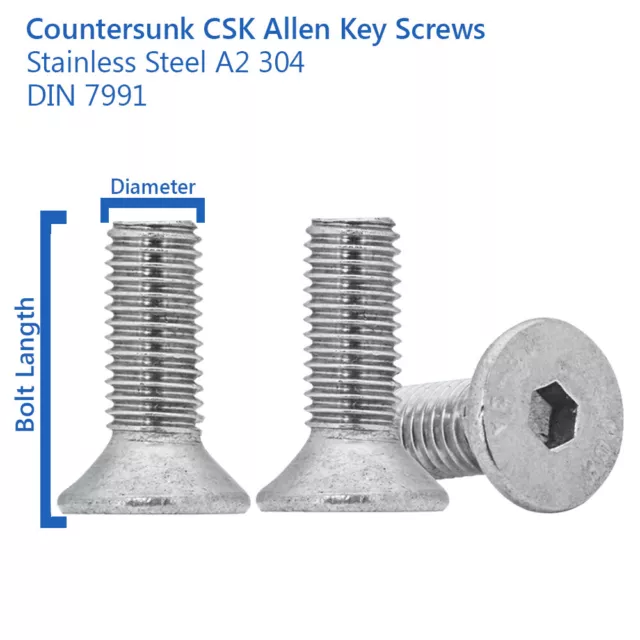 M5 - 5mm COUNTERSUNK ALLEN KEY BOLTS SOCKET SCREWS STAINLESS STEEL A2 DIN 7991