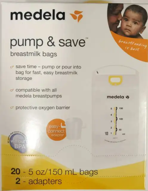 Medela Pump & Save Breastmilk Storage Bags 20 ct with 2 Easy Connect Adapters