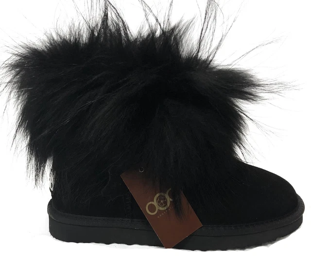 OOG Bottes Véritable Fourrure & Chaussure en Cuir Femmes Fourrée Pompon D'Hiver