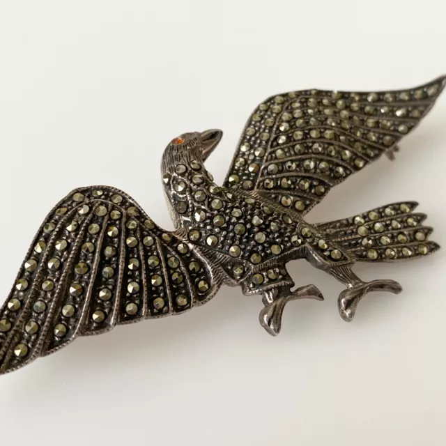 Vintage 925 Sterling Silver Marcasite Citrine Eyed Bird Eagle Wings Brooch Pin