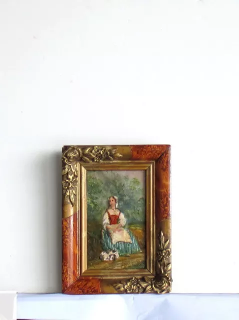 Cadre Ancien Bois Dore Peinture Huile Sur Toile "Paysanne Et Son Chien"