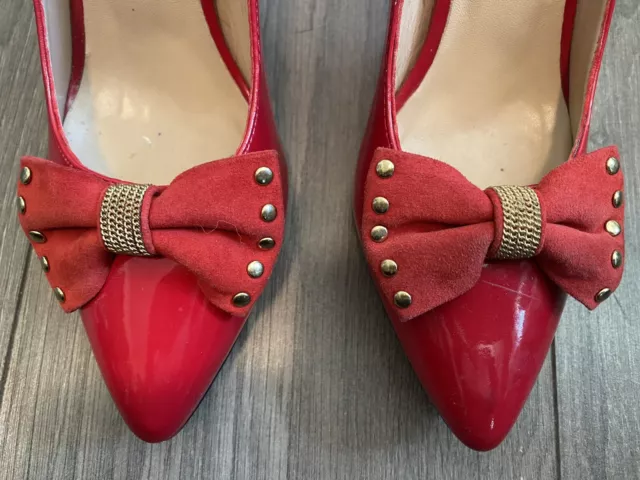 LOVE MOSCHINO Red Patent Leather Studded Bow Platform Pumps Size 36.5 **READ** 3