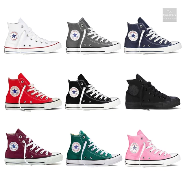 Scarpe Converse All Star Hi Alte Chuck Taylor Tela Uomo Donna Nero Bianco Rosso