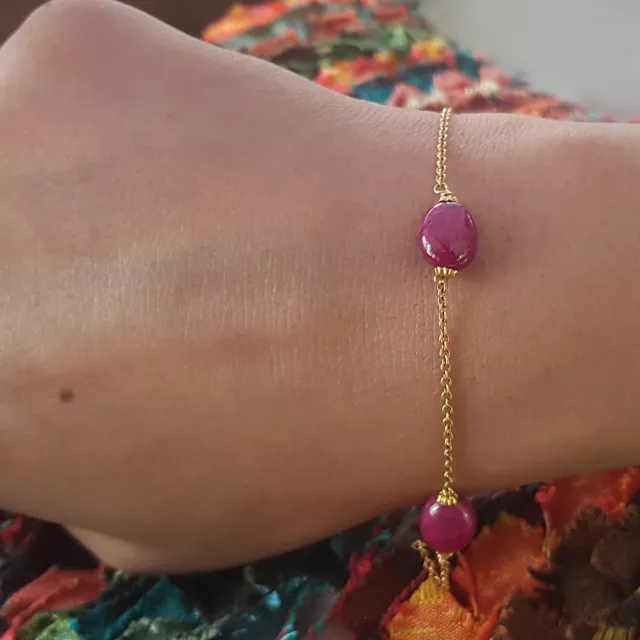 Gema Rubí Eslabón Cadena Pulsera 18K Oro Amarillo Fino Aniversario Joyería