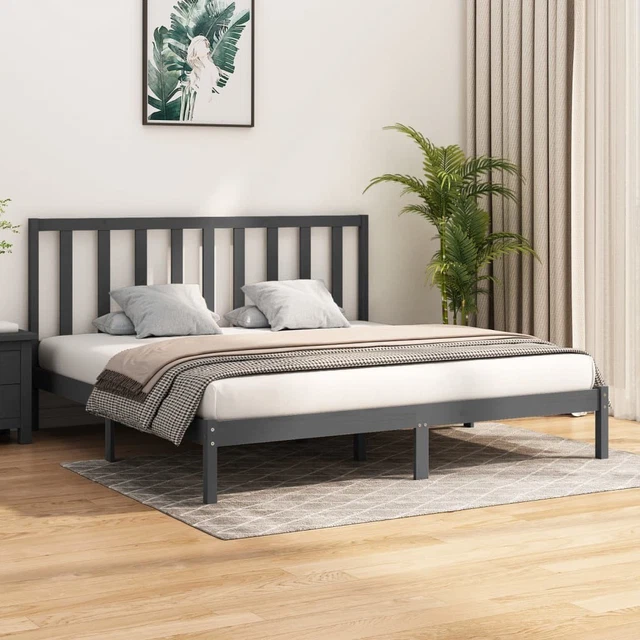BED FRAME SOLID Pine Wood Grey 160 x 200 cm Slatted Headboard Rustic ...