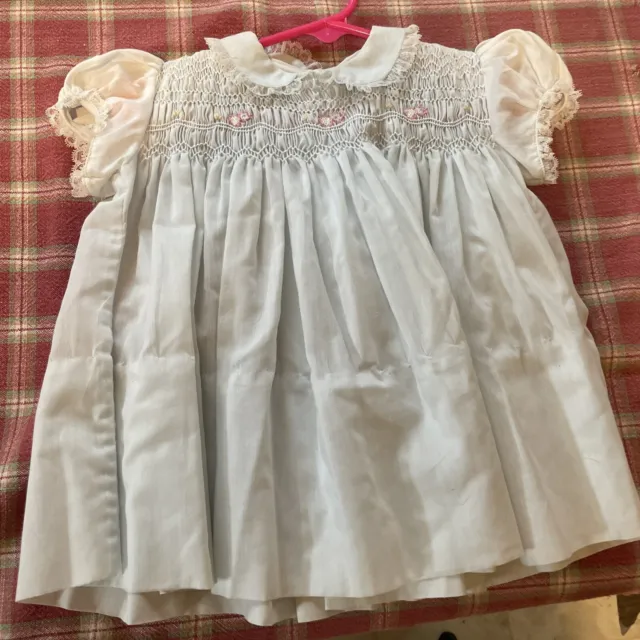 Nannette Size 12months Baby Embroidered Chicks Lace Trim Smocked Pale Blue Dress