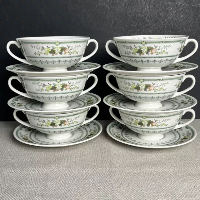 6 x Royal Doulton PROVENCAL Rare Two Handled Soup Coupe & Saucer Green TC1034