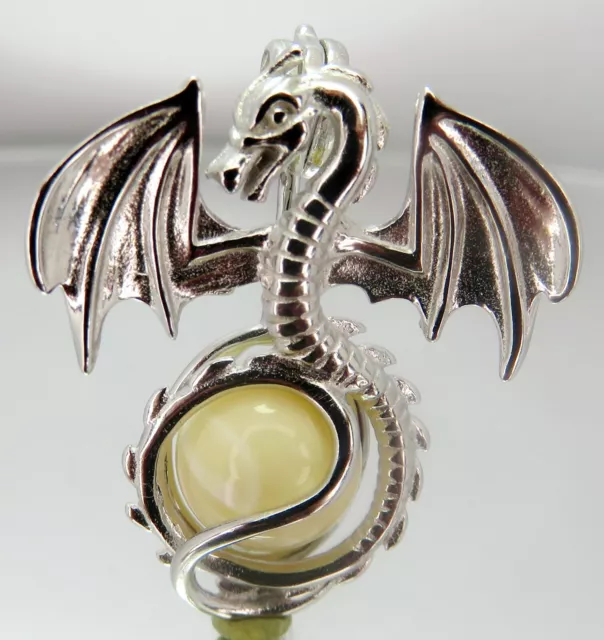 925 Sterling Silver Dragon pendant w White Genuine BALTIC AMBER 8mm sphere ball