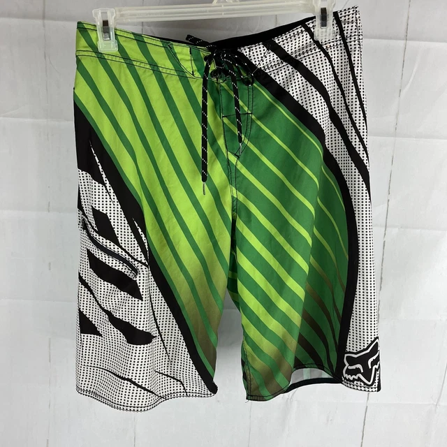 Fox Racing Men's Size 32 Board Shorts Black Green White Swim Bottle Opener Tool