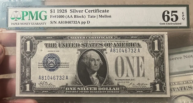 1928 $1 Silver Certificate Fr 1600 PMG Gem UNC 65 EPQ