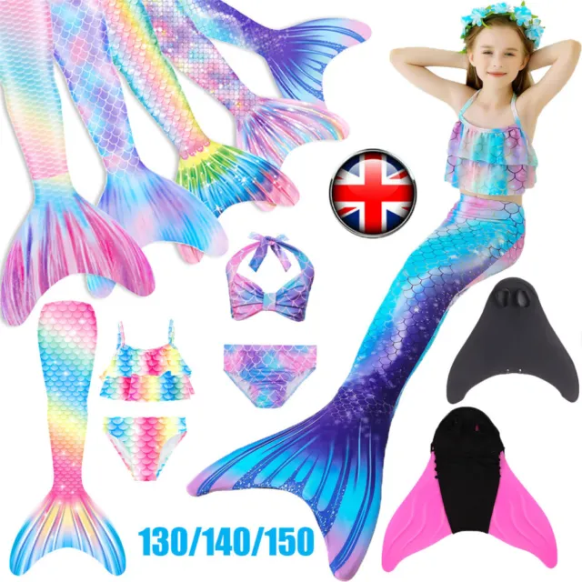 UK Kids Mermaid Tail With Monofin Swimmable Bikini Set Swimsuit Swimming Costume