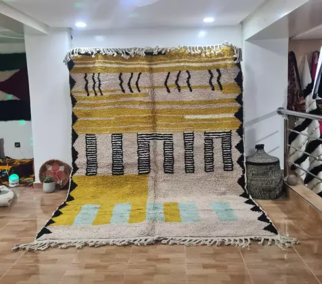Moroccan Beni ourain  Wool rug Handmade Yellow Berber Boho rug 6.5x9.5 FT