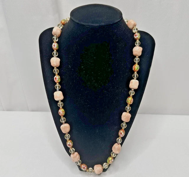 Vintage Necklace Pink Rose and Clear color Beads with Cloisonné Beads 23" total